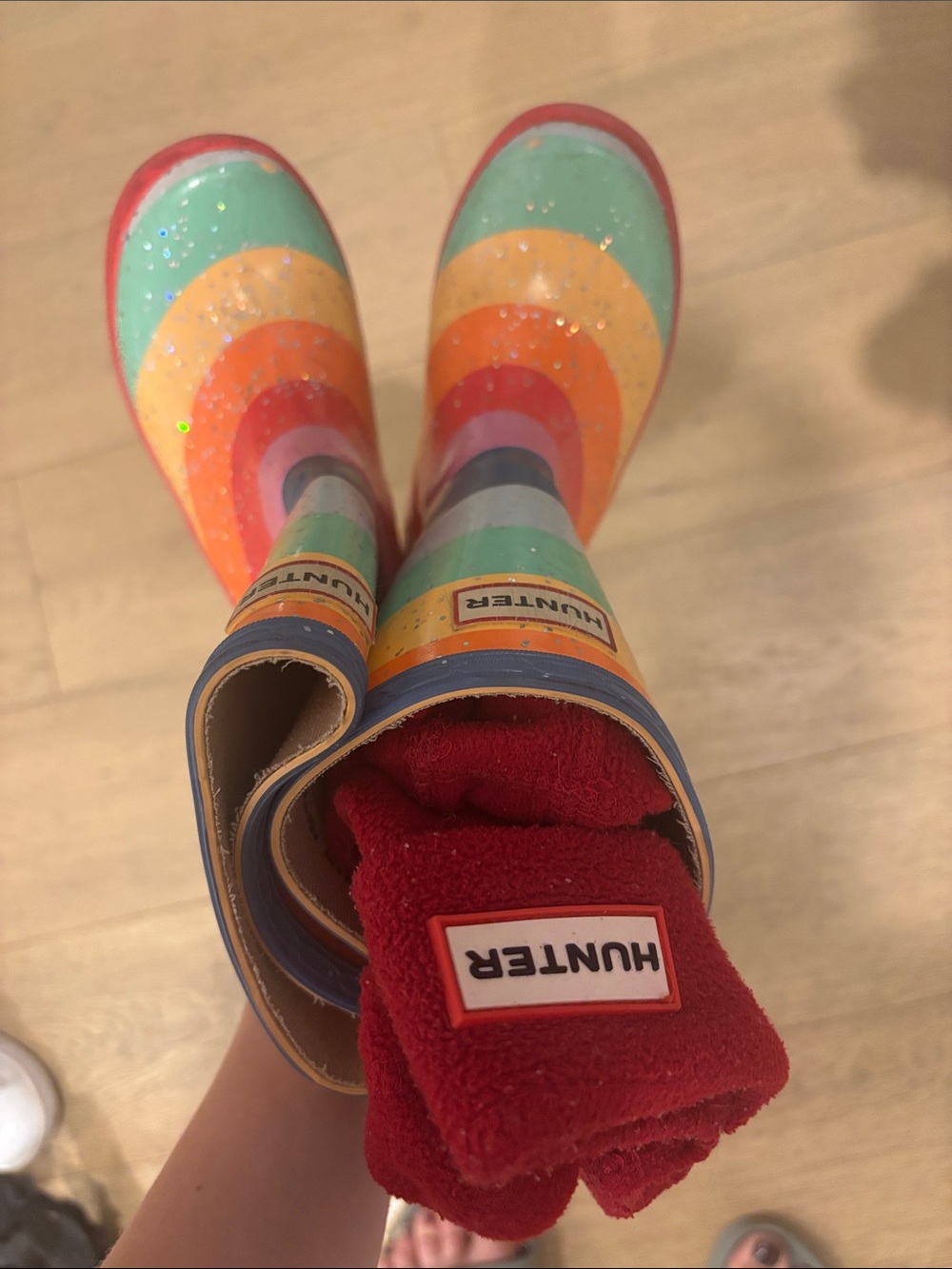 Hunter Kids Rainbow Striped Rain Boots with socks! Size 8!